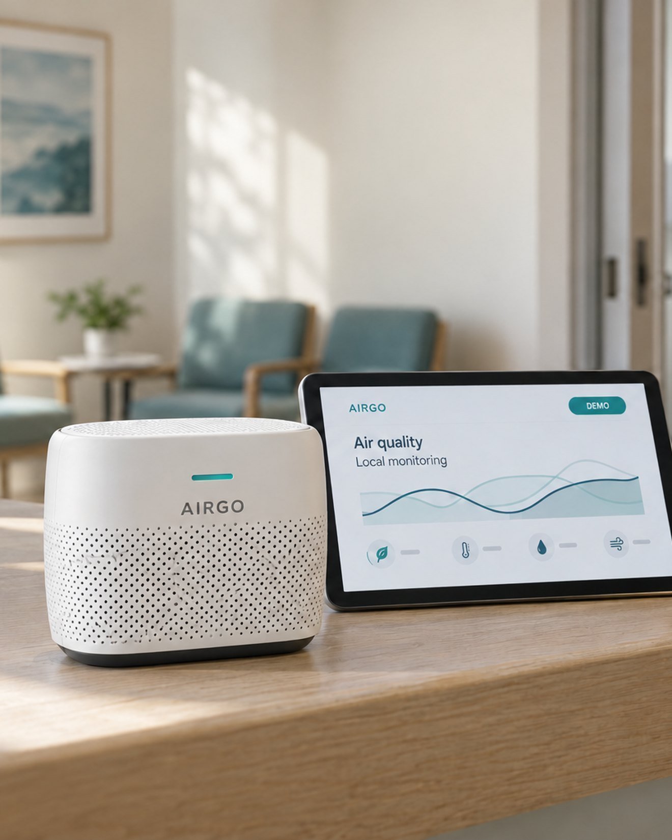 Indoor air quality sensor next to a tablet showing live monitoring in a waiting room