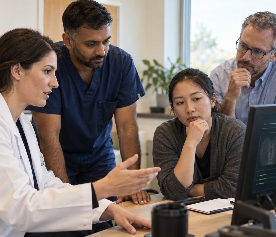 Clinicians and engineers reviewing a case together at a workstation